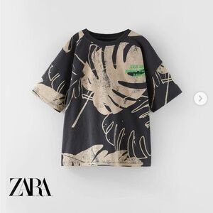 Zara Boys Kids Washed Off Black and Beige Leaf‎ Print Street Tee T-Shirt 7 (A3)